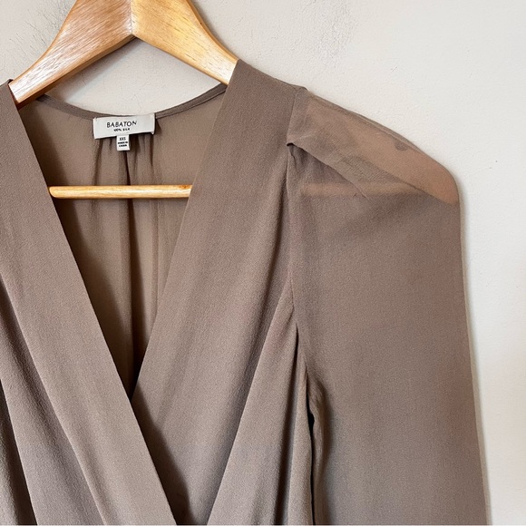 Babaton Aritzia Silk Blouse Surplice Peplum Taupe XXS Office Workwear - Picture 3 of 10